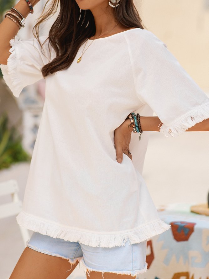 Cotton-Blend Short Sleeve Shift Plain Top Tunic