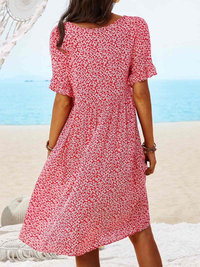 JFN V Neck Floral Beach Vacation Casual Mini Smock Dress