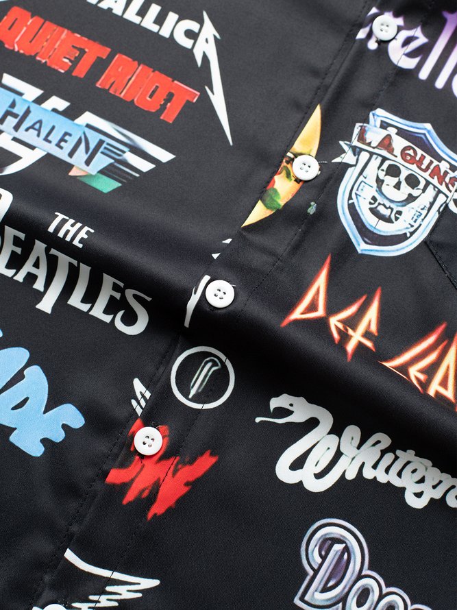 Mens Rock and Roll Punk Print Pocket Lapel Casual Loose Short Sleeve Shirt