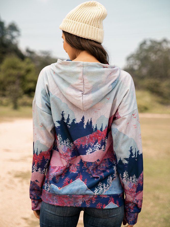 Forest Print Long Sleeve Casual Cotton-Blend Hoodie Sweatshirt