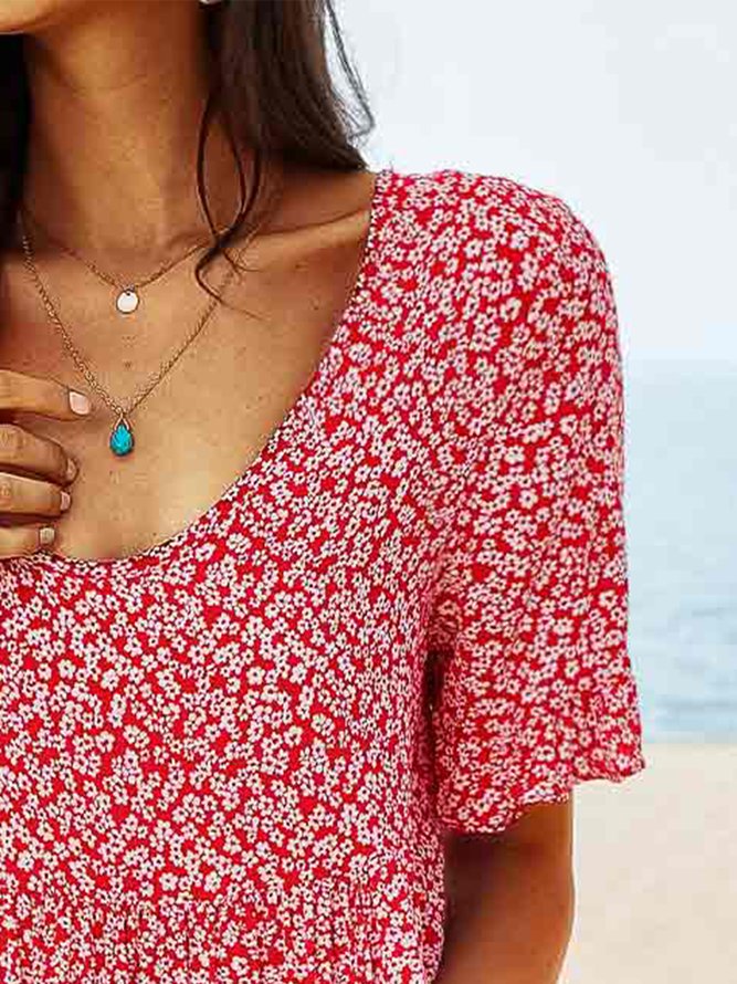 JFN V Neck Floral Beach Vacation Casual Mini Smock Dress