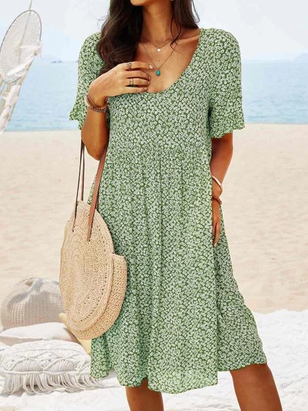 JFN V Neck Floral Beach Vacation Casual Mini Smock Dress