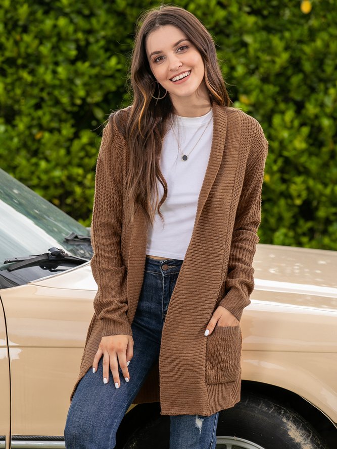 Plus Size Casual Pockets Knitted Long Sleeve Solid Jacket
