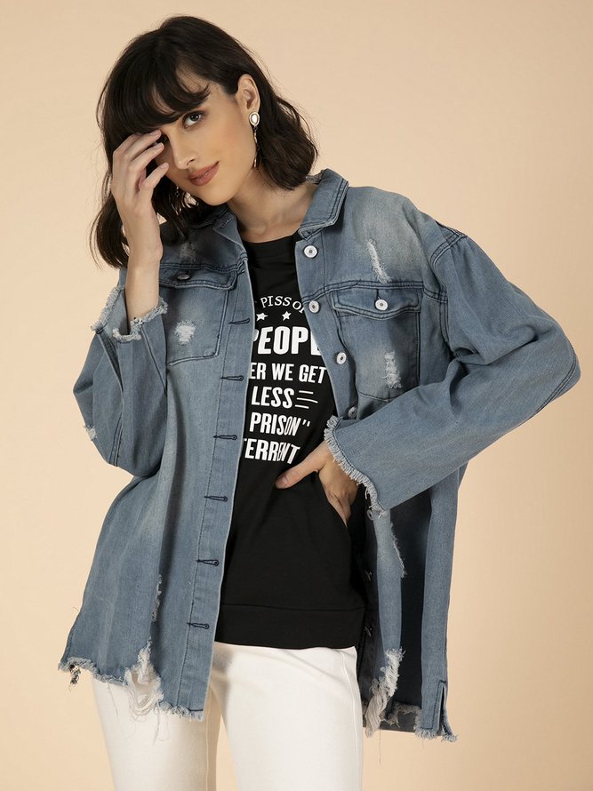 Blue Shirt Collar Plain Long Sleeve Denim Denim Jacket