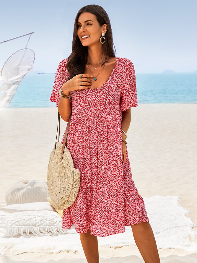 JFN V Neck Floral Beach Vacation Casual Mini Smock Dress