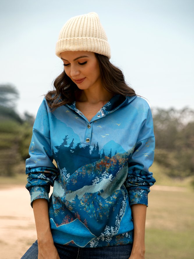 Forest Print Long Sleeve Casual Cotton-Blend Hoodie Sweatshirt