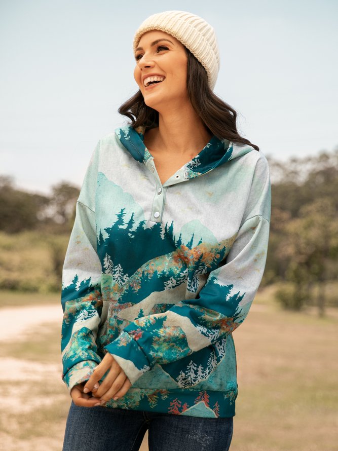 Forest Print Long Sleeve Casual Cotton-Blend Hoodie Sweatshirt
