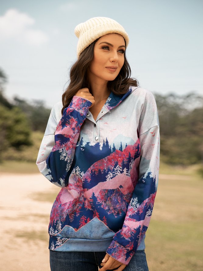 Forest Print Long Sleeve Casual Cotton-Blend Hoodie Sweatshirt