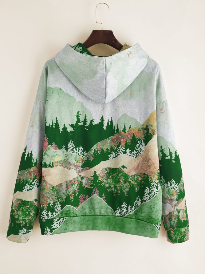Forest Print Long Sleeve Casual Cotton-Blend Hoodie Sweatshirt