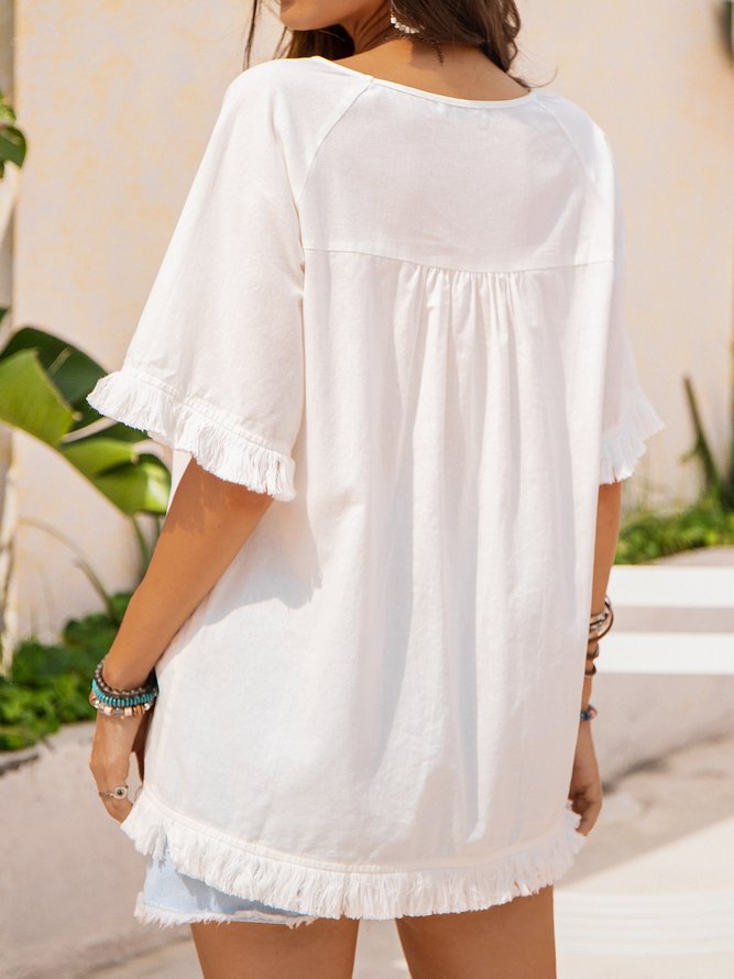 Cotton-Blend Short Sleeve Shift Plain Top Tunic