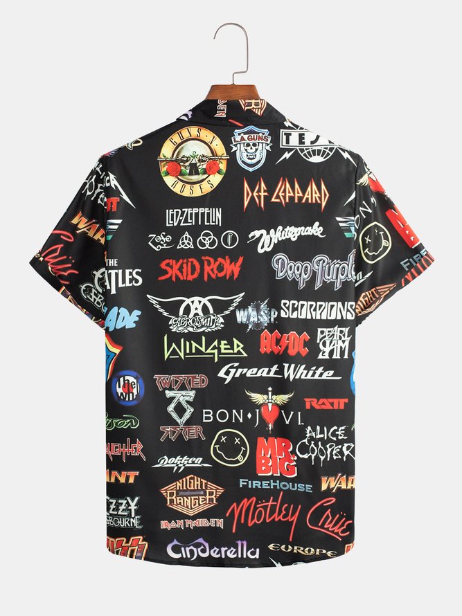 Mens Rock and Roll Punk Print Pocket Lapel Casual Loose Short Sleeve Shirt