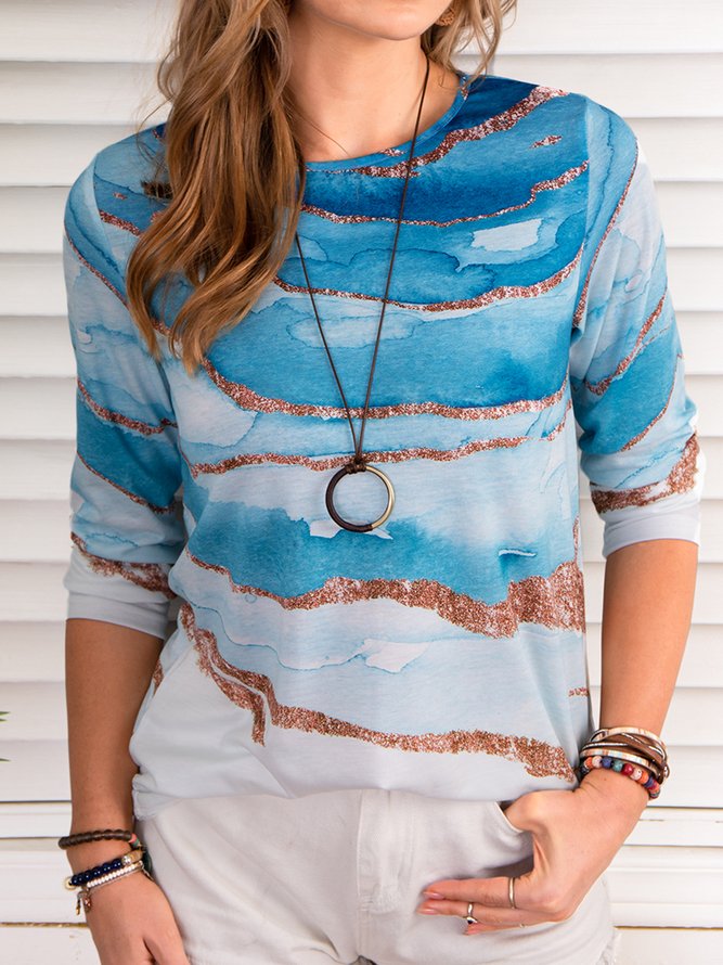 Round Neck Printed Casual Abstract Long Sleeve Top