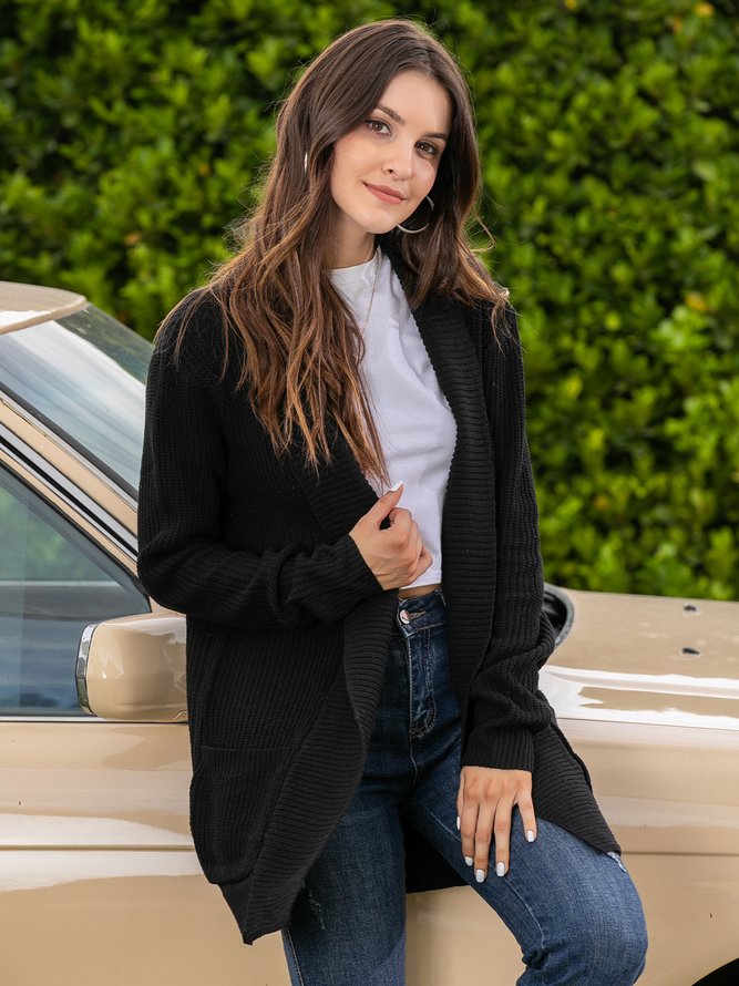 Plus Size Casual Pockets Knitted Long Sleeve Solid Jacket