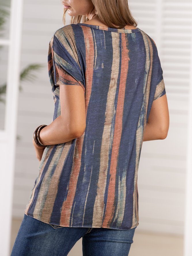 JFN V Neck Colorful Stripes Casual T-Shirt/Tee