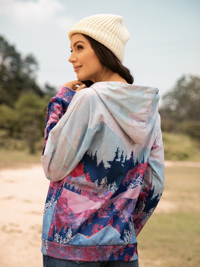 Forest Print Long Sleeve Casual Cotton-Blend Hoodie Sweatshirt