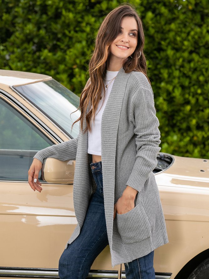Plus Size Casual Pockets Knitted Long Sleeve Solid Jacket