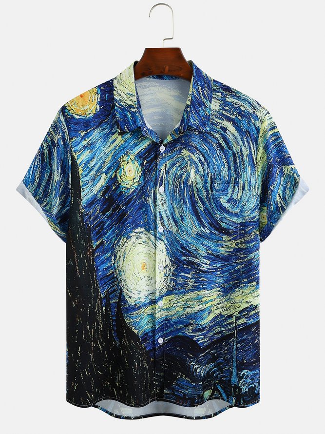 Mens Retro Van Gogh The Starry Night Lapel Loose Short Sleeve Funky Hawaiian Shirt