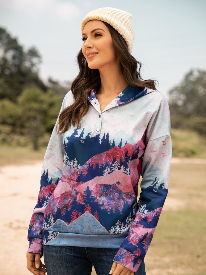 Forest Print Long Sleeve Casual Cotton-Blend Hoodie Sweatshirt