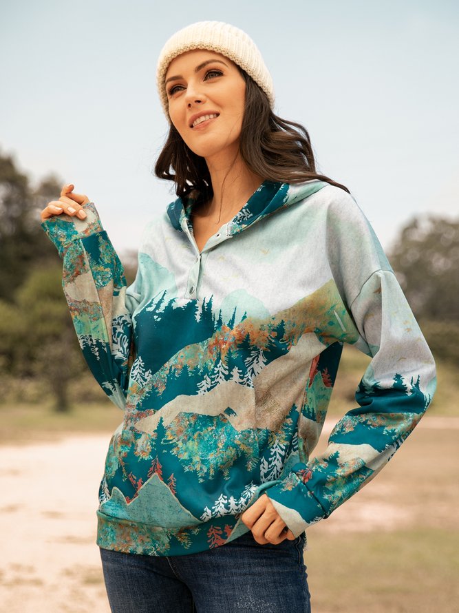Forest Print Long Sleeve Casual Cotton-Blend Hoodie Sweatshirt