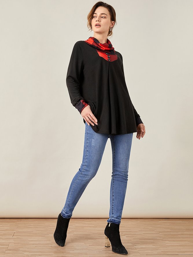 JFN Cowl Neck Buttoned Color Block Grid Top