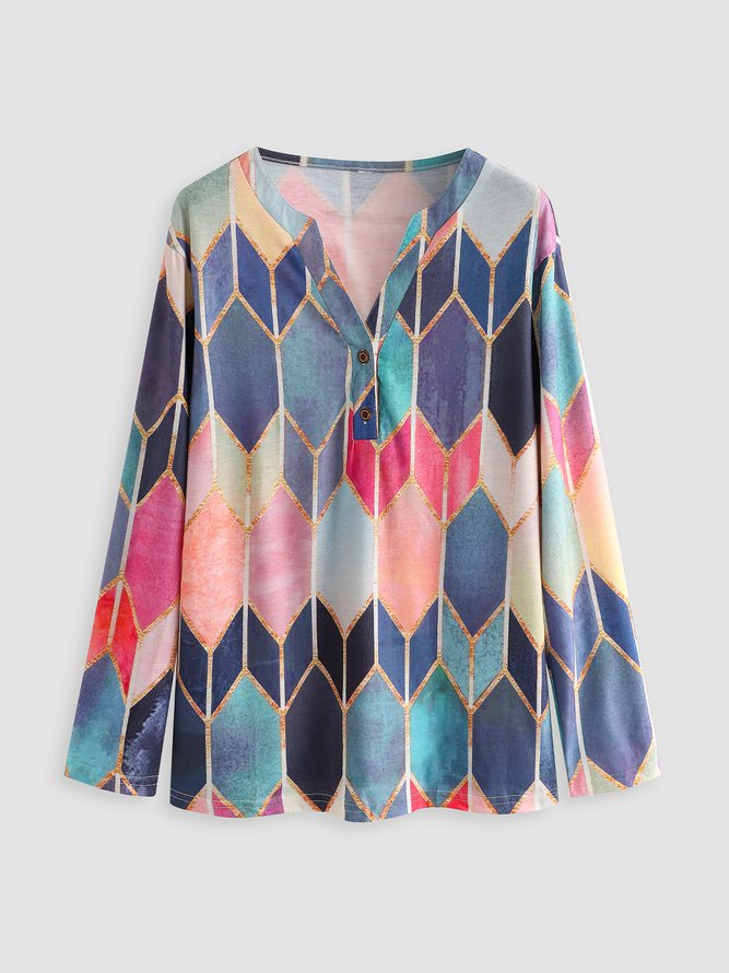 JFN V Neck Geometric Buttoned Casual Long Sleeve Top
