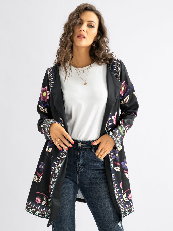 Cotton blended long sleeve printed cardigan coat