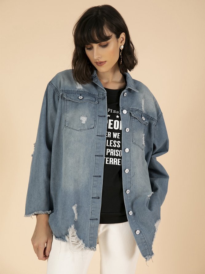 Blue Shirt Collar Plain Long Sleeve Denim Denim Jacket