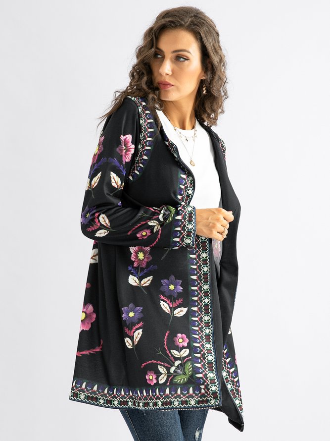 Cotton blended long sleeve printed cardigan coat