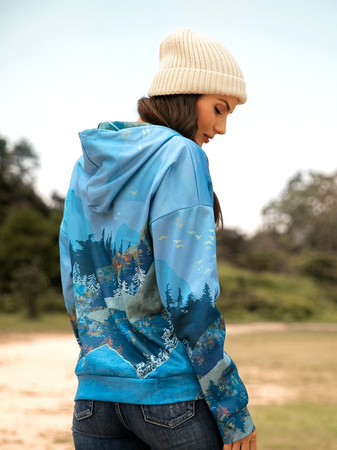 Forest Print Long Sleeve Casual Cotton-Blend Hoodie Sweatshirt