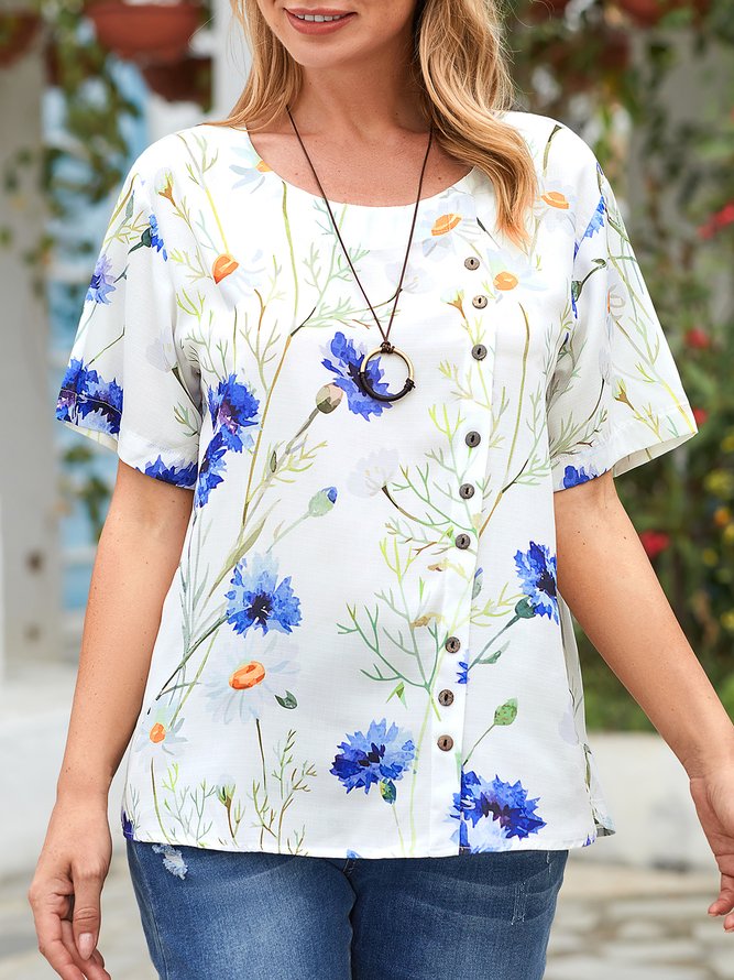 JFN Round Neck Floral Buttoned Daily T-Shirt/Tee