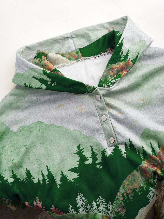 Forest Print Long Sleeve Casual Cotton-Blend Hoodie Sweatshirt