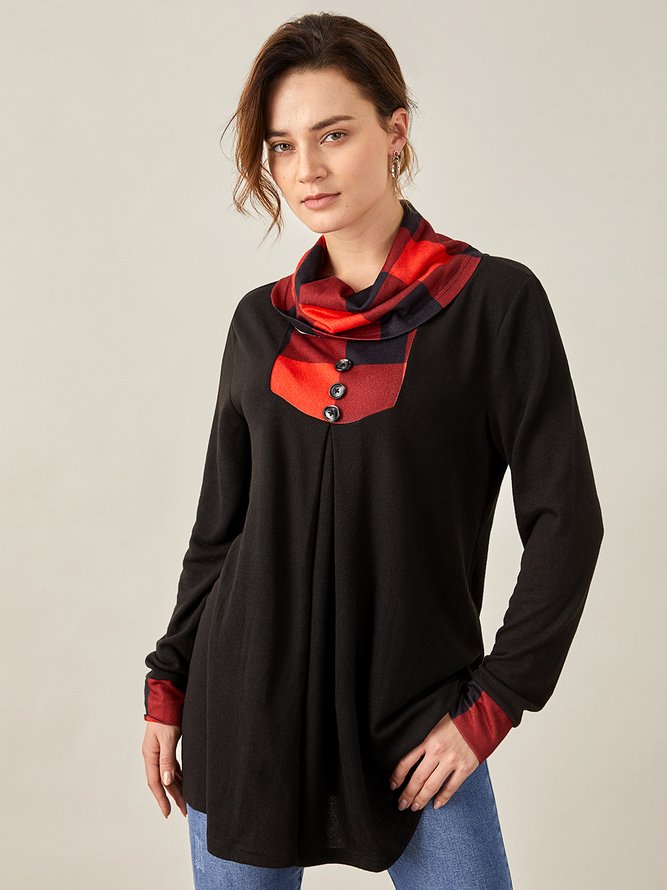 JFN Cowl Neck Buttoned Color Block Grid Top