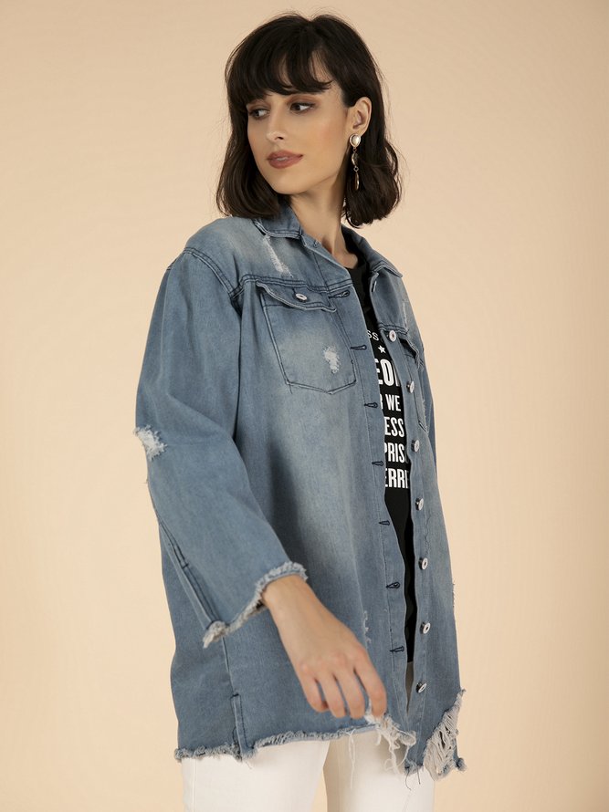 Blue Shirt Collar Plain Long Sleeve Denim Denim Jacket