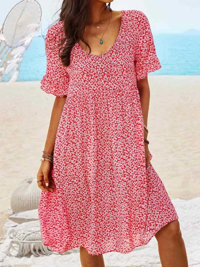 JFN V Neck Floral Beach Vacation Casual Mini Smock Dress
