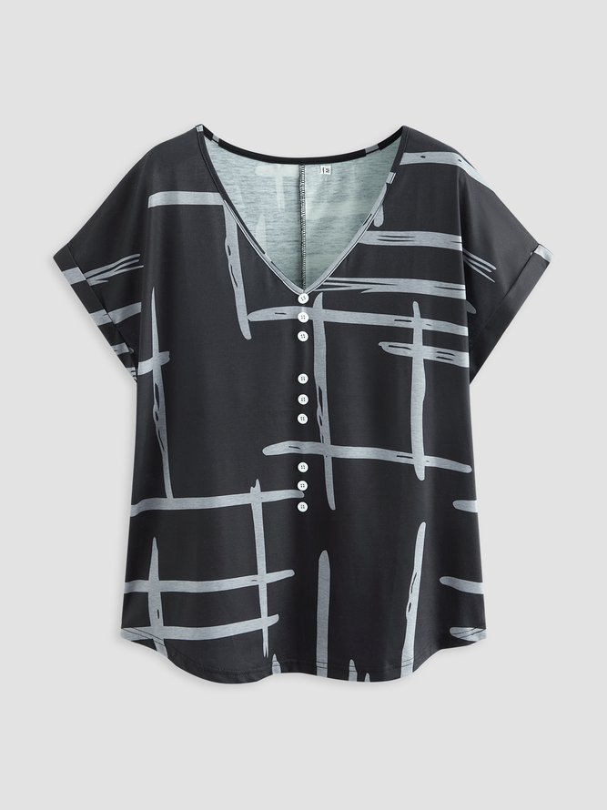 Short Sleeve V-neck Button Stripe Women T-Shirt