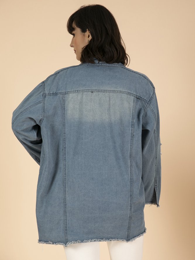 Blue Shirt Collar Plain Long Sleeve Denim Denim Jacket