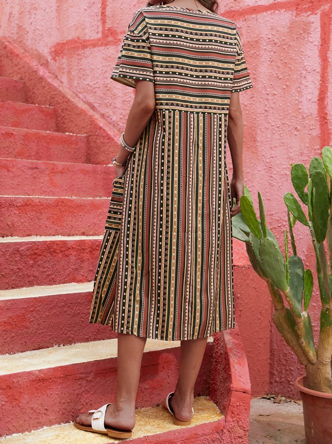 Short Sleeve Printed Casual Weaving Dress
