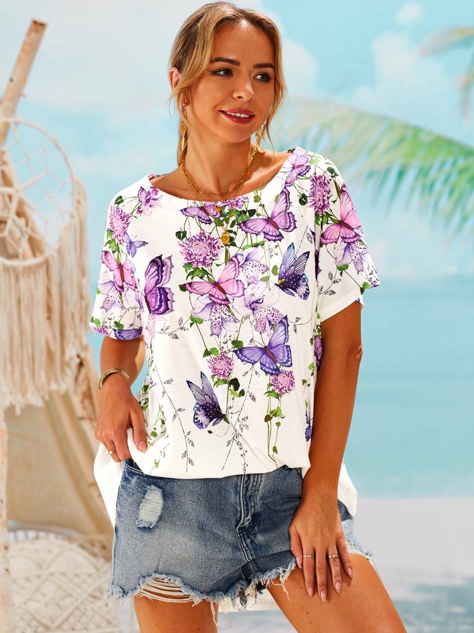 JFN Round Neck Butterfly Casual Tunic Top