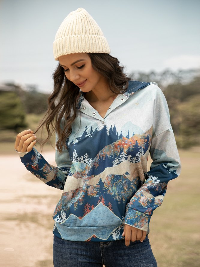 Forest Print Long Sleeve Casual Cotton-Blend Hoodie Sweatshirt