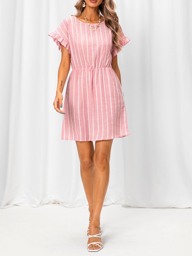 Sweet Linen Short Sleeve A-Line Weaving Dress