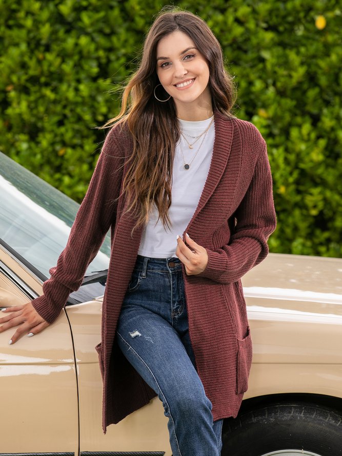 Plus Size Casual Pockets Knitted Long Sleeve Solid Jacket