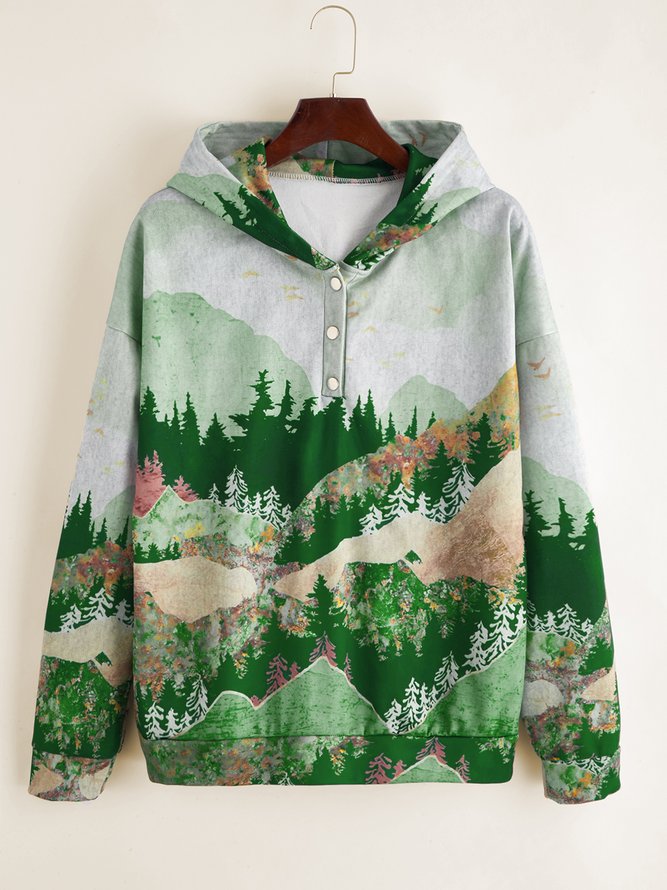 Forest Print Long Sleeve Casual Cotton-Blend Hoodie Sweatshirt