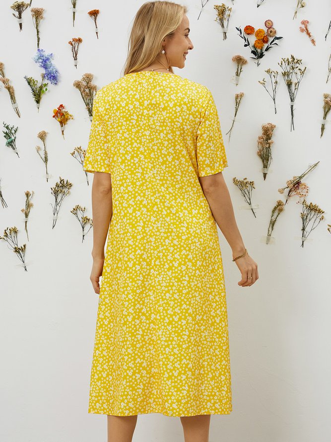 Floral Printed Crew Neck Pockets Short Sleeve Casual Midi Shirt Dress
