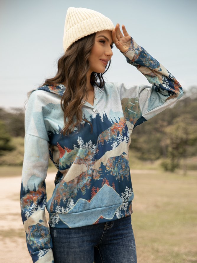 Forest Print Long Sleeve Casual Cotton-Blend Hoodie Sweatshirt