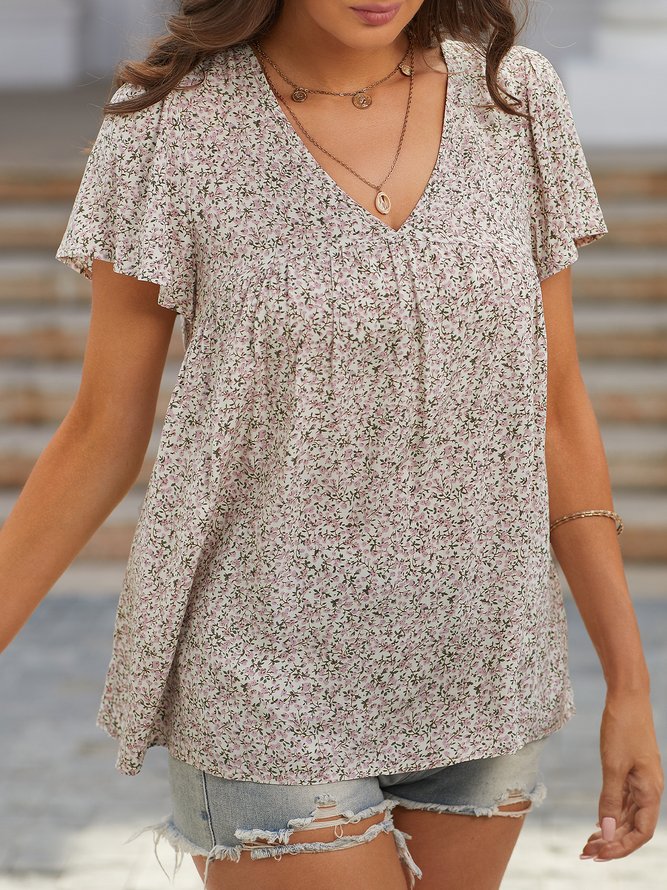JFN V Neck Floral Loosen Daily Tunic Tops