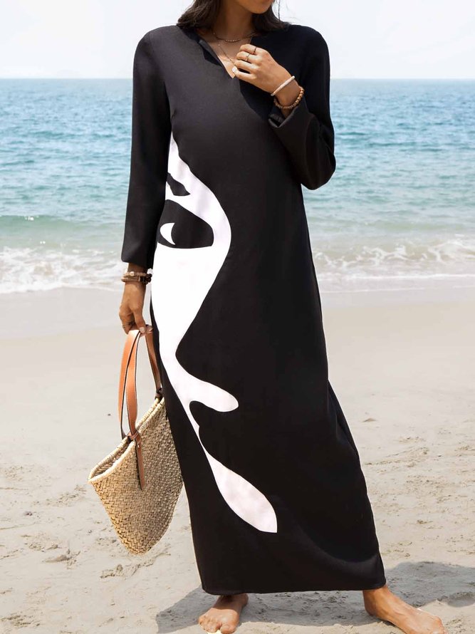 Printed Casual Long Sleeve Cotton-Blend Weaving Dress