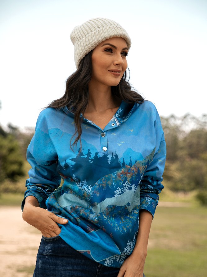 Forest Print Long Sleeve Casual Cotton-Blend Hoodie Sweatshirt