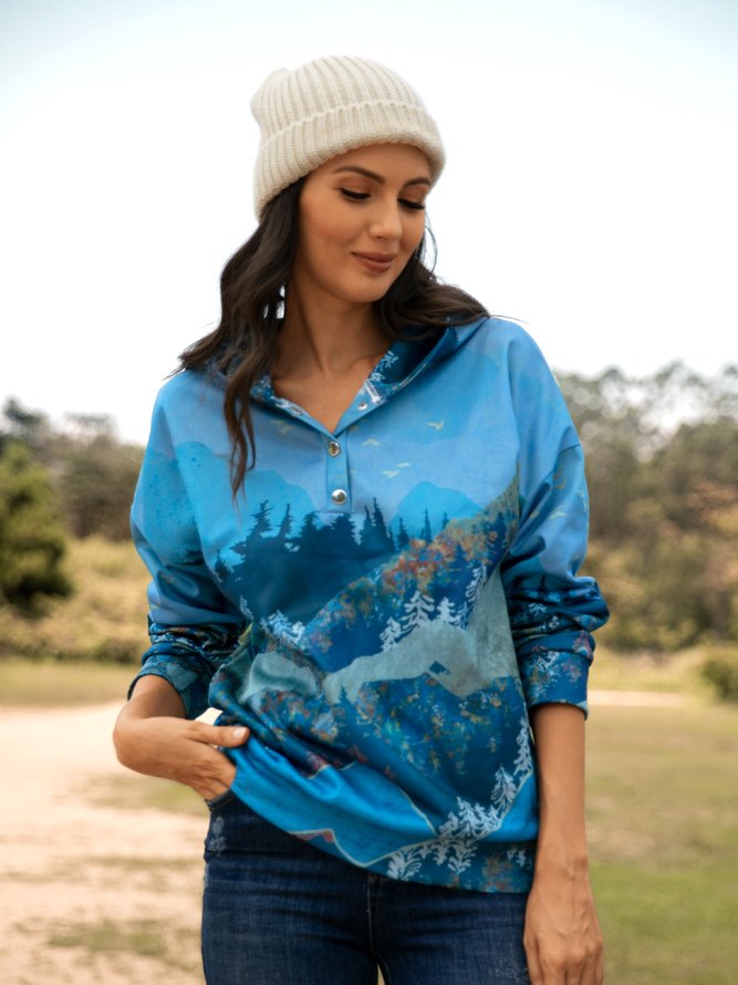 Forest Print Long Sleeve Casual Cotton-Blend Hoodie Sweatshirt
