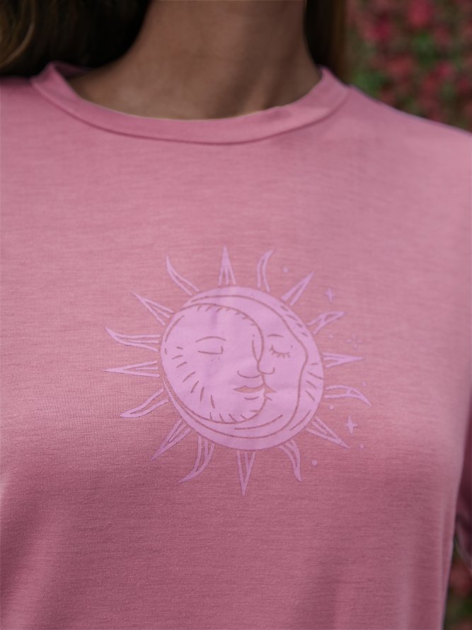 Sun Moon Printed Short Sleeve Loose Comfort T-Shirt