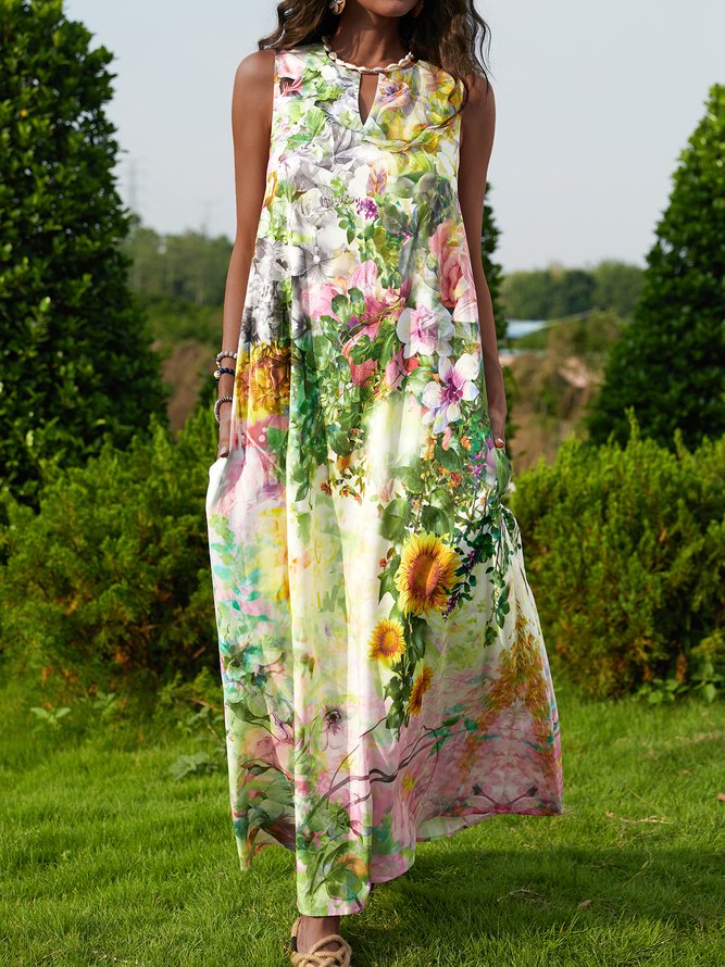 Sleeveless Floral V Neck Dresses justfashionnow